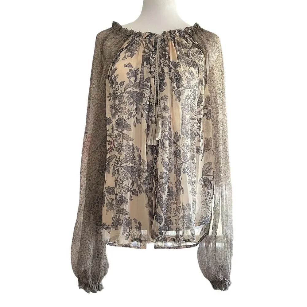 Free People Hendrix Blouse Peasant SemiSheer Boho Festival SIZE XS Floral Tassel